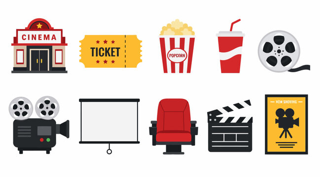 Colorful flat design cinema and movie icons collection.