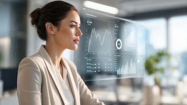 A young professional woman in a bright modern office wearing a tiny elegant neural sensor behind her ear, looking at a transparent floating interface.