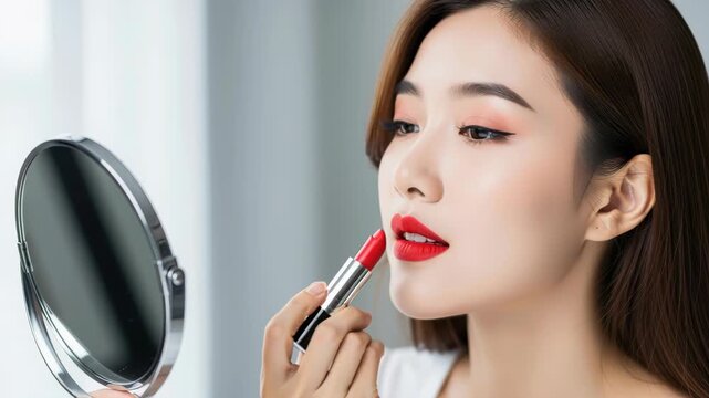 A Woman Applying Red Lipstick: A young woman with striking features applies vibrant red lipstick in front of a vanity mirror, enhancing her natural beauty with a touch of glamour.