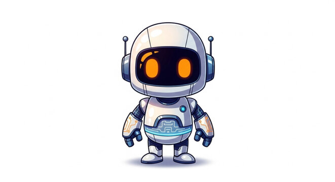 Adorable cartoon robot character with orange eye lights and sleek white and blue metallic suit for technology and futuristic themes