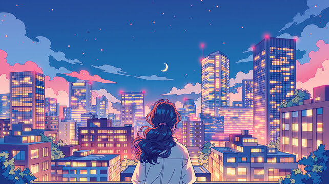 夜のビル群と星空に包まれた少女のレトロアニメ風イラスト、シティポップ、都市風景、都会、夜景、月、雲、横顔、制服、髪なびく、青春、放課後、夢、希望、憧れ、エモい、かわいい、ノスタルジー、幻想的、80年代、ポスター、広告、SNS、壁紙、配信背景、動画サムネイル、音楽ジャケット、挿絵、物語、ロマンチック、商用利用、素材集、キービジュアル、装丁、表紙、バナー、ヘッダー、待受、創作、物語背景、観賞用、季節感