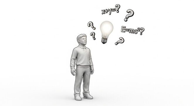 young boy thinking with light bulb ideas and question marks on a white background conceptual image