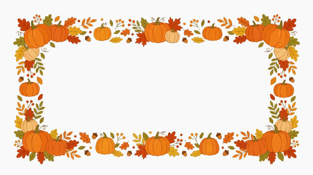 Autumn harvest border frame with pumpkins, leaves and berries. Perfect for fall decoration and seasonal greeting. Isolated on white background