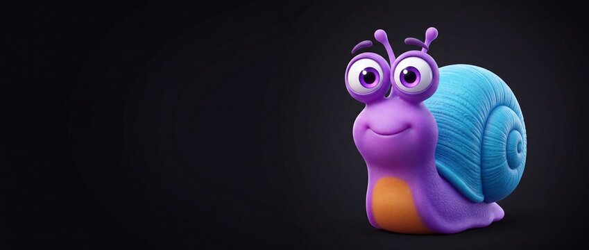 Cute cartoon snail character illustration smiling on black background with copy space, funny 3D rendered purple mollusk with blue shell mascot, friendly child graphic for website banner header layout.