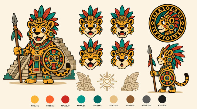 Colorful Aztec Warrior and Symbols Illustration.
