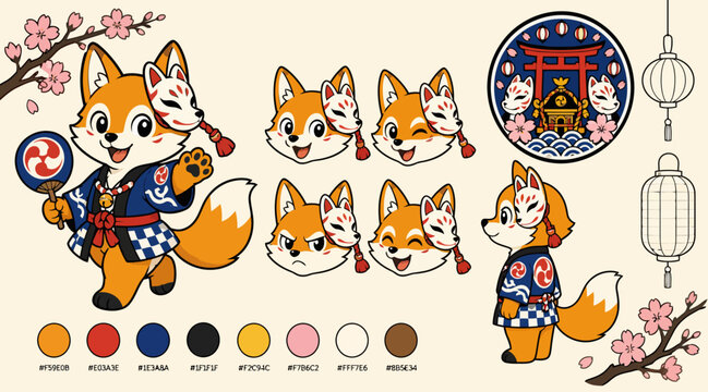 Colorful Fox Character Designs with Traditional Japanese Elements.