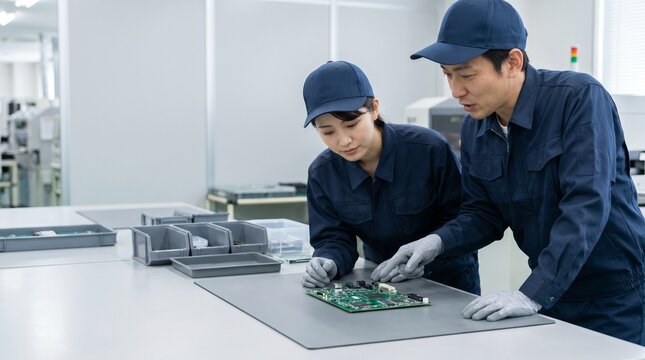 製造業の工場で電子部品の基板を確認しながらOJT研修を行う日本人男女の作業員