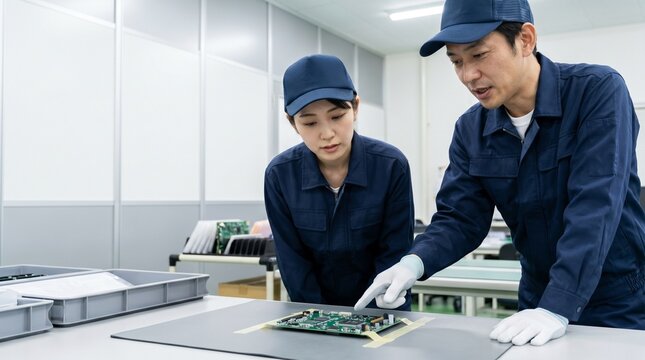 製造現場で電子部品の実装状態を指差し確認しOJT指導を行う日本人男女の製造技術者