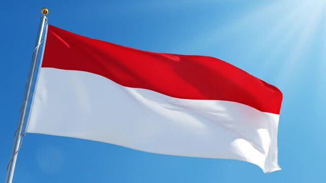 Indonesian Flag Waving on Flagpole Against Clear Blue Sky