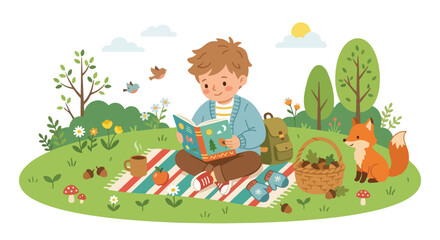Fototapeta premium A young boy sits on a picnic blanket in a lush green meadow, reading a book alongside a friendly fox, birds, and a basket of acorns.