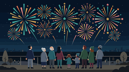 Obraz premium A celebratory flat design illustration capturing a group of people enjoying a dazzling fireworks display during the Obon Festival. This minimalist vector art conveys the joy and excitement