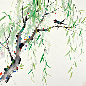 Chinese Ink Wash Painting of Swallow Perched on Weeping Willow Branch With Colorful Dot Details