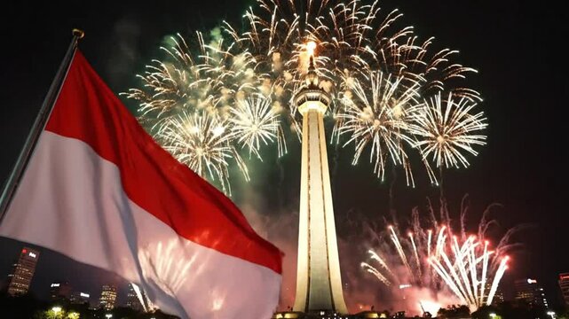 Indonesian flag waving with fireworks over Jakarta national monument