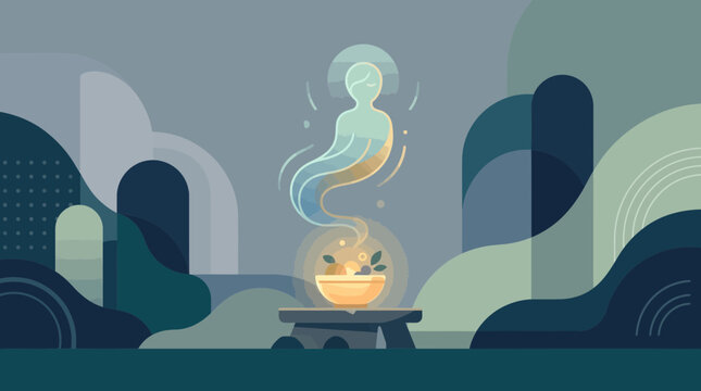 A serene flat design illustration symbolically representing an ancestral spirit during the Obon Festival, depicted as a gentle, ethereal form above a small offering.