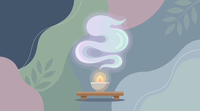 A serene flat design illustration symbolically representing an ancestral spirit during the Obon Festival, depicted as a gentle, ethereal form above a small offering.