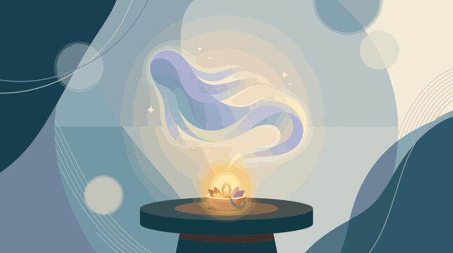 A serene flat design illustration symbolically representing an ancestral spirit during the Obon Festival, depicted as a gentle, ethereal form above a small offering.