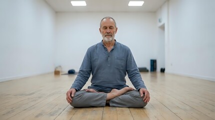 Fototapeta premium Mature man with gray beard, Caucasian ethnicity, sitting in lotus position on wooden floor in empty studio space. Wearing casual blue-gray long-sleeve shirt. Practicing meditation or yoga indoors.