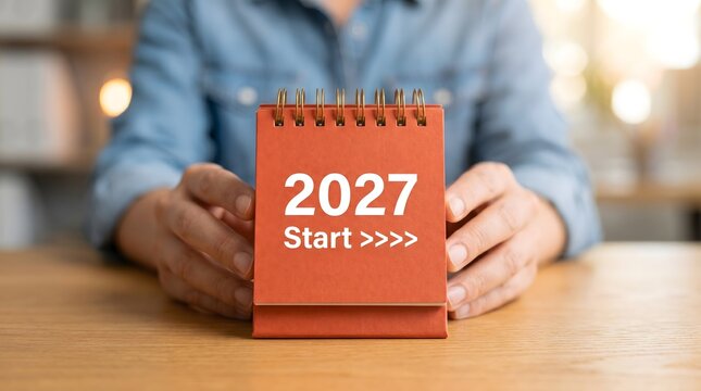 Person Holding 2027 Start Desk Calendar for New Year Planning