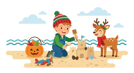 A happy boy in a winter hat builds a sandcastle on a sunny beach alongside a friendly reindeer and a pumpkin filled with autumn leaves. © Rayi