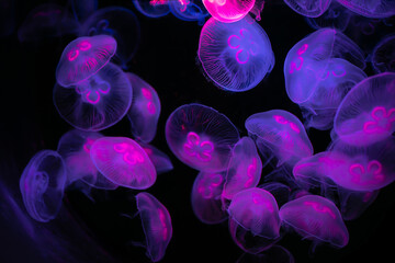 Translucent jellyfish float in dark water illuminated by neon pink and purple light. Their glowing forms create a mesmerizing, ethereal atmosphere. © Ірина Грицай
