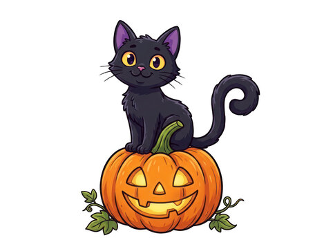 Halloween black cat sitting on a jack o' lantern pumpkin