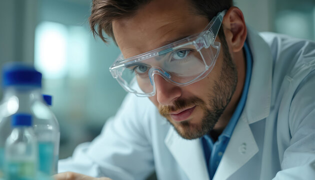 Young man scientist works in modern lab. Wears safety glasses, white lab coat, diligently looking at delicate experiment. Medical researcher focuses on chemistry test, driving scientific discovery,