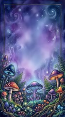 Fototapeta premium Enchanted forest floor with bioluminescent mushrooms and cosmic galaxy sky, featuring glowing fungi, ferns, and swirling nebula patterns for fantasy and mystical design projects.