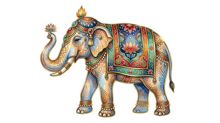 Obraz premium Ornate golden elephant with intricate jeweled decorative saddle blanket and ornamental details, isolated on white background for design use.