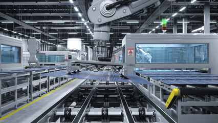 Fototapeta premium Industrial robot arm in cutting edge solar panel factory maneuvering photovoltaic modules, PV cells produced in eco-friendly facility.