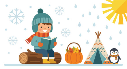 A young boy reads a book on a log, surrounded by seasonal icons like snowflakes, rain, a sun, a pumpkin, and a cute penguin. © Rayi