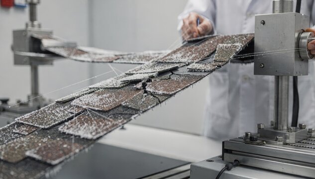 Coldconditioned shingle samples are tension tested in a quality control lab captured in medium shot to showcase the effects of low temperatures on material resilience and