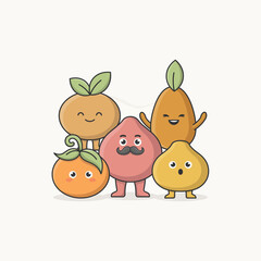 Fototapeta premium Group of Cute Cartoon Fruit Characters with Friendly Faces and Expressive Emotions on White