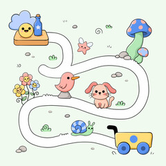 Naklejka premium Whimsical children's illustration featuring a winding path with cute animals and fantasy elements