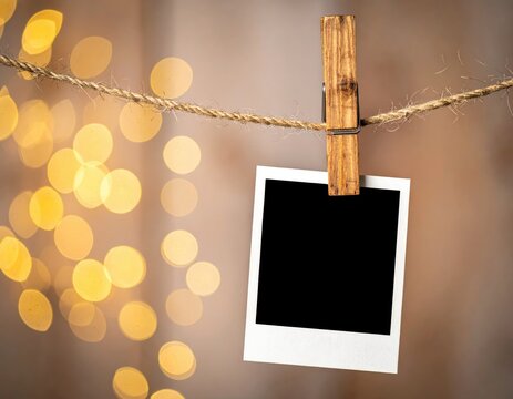 Blank instant film frame hanging on rustic twine with wooden clothespin, warm bokeh fairy lights, copy space for custom design, mockup for social media marketing.