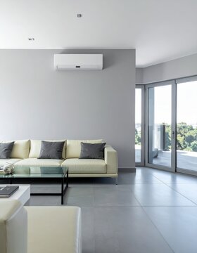 Modern living room interior with a cream-colored leather sofa, gray pillows, glass coffee table, and white air conditioning unit on a smooth gray wall.