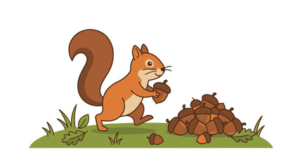 Cartoon squirrel collecting acorns near a pile. © ahmad