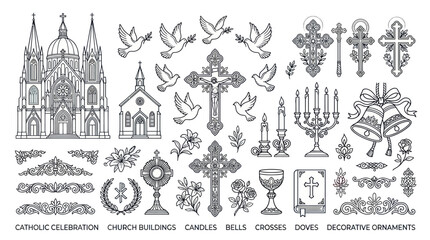 Fototapeta premium Catholic church celebration and decorative line art collection