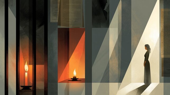 Symbolic montage of prison bars, legal papers, a candle, and a woman standing in a shaft of light, conveying trauma, accountability, and resilience without explicit violence. Muted palette, dramatic