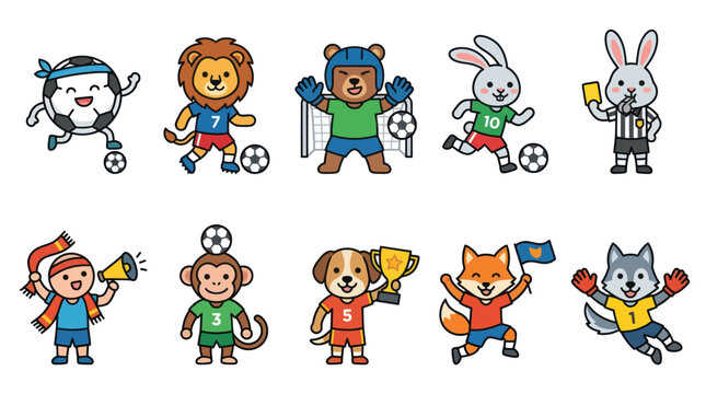 Cartoon animals playing soccer sports character collection.