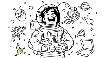 Happy Astronaut Eating Pizza in Space, Surrounded by Planets, Aliens, and UFOs © dedybren