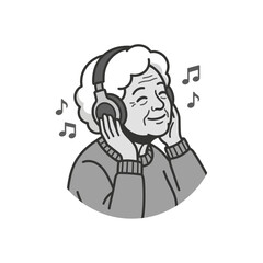 Fototapeta premium Happy Elderly Woman Enjoying Music with Headphones and Musical Notes