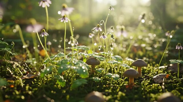 Magical Forest Floor with Sunbeams and Tiny Mushrooms.