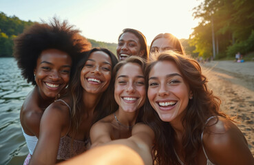 Fototapeta premium Multiracial young women take selfie on lake beach during vacation. Diverse girls smile on summer holiday. Female friends make photos together outdoors. People spend time together.