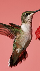 Naklejka premium Swift Hummingbird Captured Mid-Flight with Blurred Wings, Embodying Grace and Speed Against a Lush Tropical Background