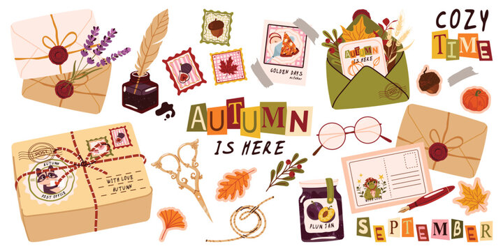 Cute autumn stationery and snail mail collection. Set of envelopes, postcards, postal package, wax seals, stamps, twine, scissors and writing accessories. Vector illustrations isolated on white