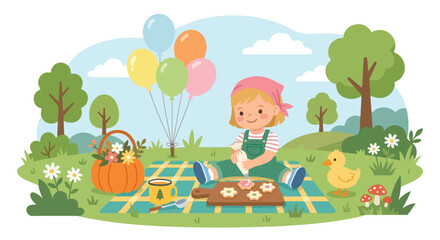 Naklejka premium A cute little girl sits on a picnic blanket in a lush green park, joyfully decorating star-shaped cookies with icing under a bright blue sky.
