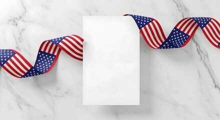 Obraz premium American flag ribbon and blank paper on marble surface