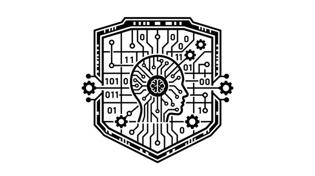 AI head circuit shield binary code icon