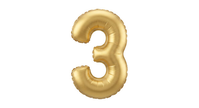 3D gold foil balloon number three isolated on a transparent background, festive celebration and anniversary design element