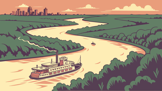 Steamboat cruising on a winding river towards new orleans skyline